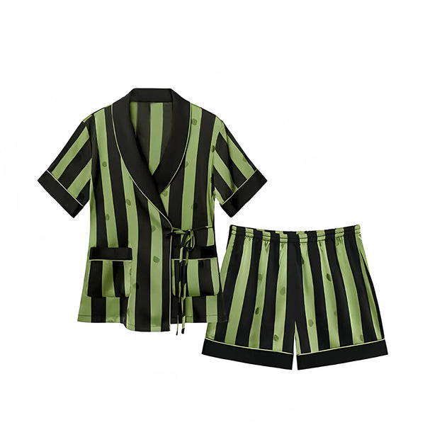 Green fashion, noble and elegant striped ice silk pajamas for home wear